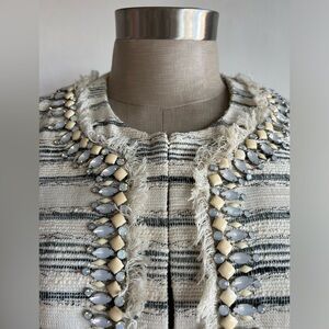 Tory Burch Cream Textured Jewel Embellished Nicole Boucle Jacket/Blazer